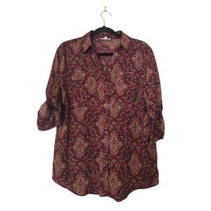 MAURICES Winona Medalion Burgundy Print Blouse Top 3/4 Sleeves Size S